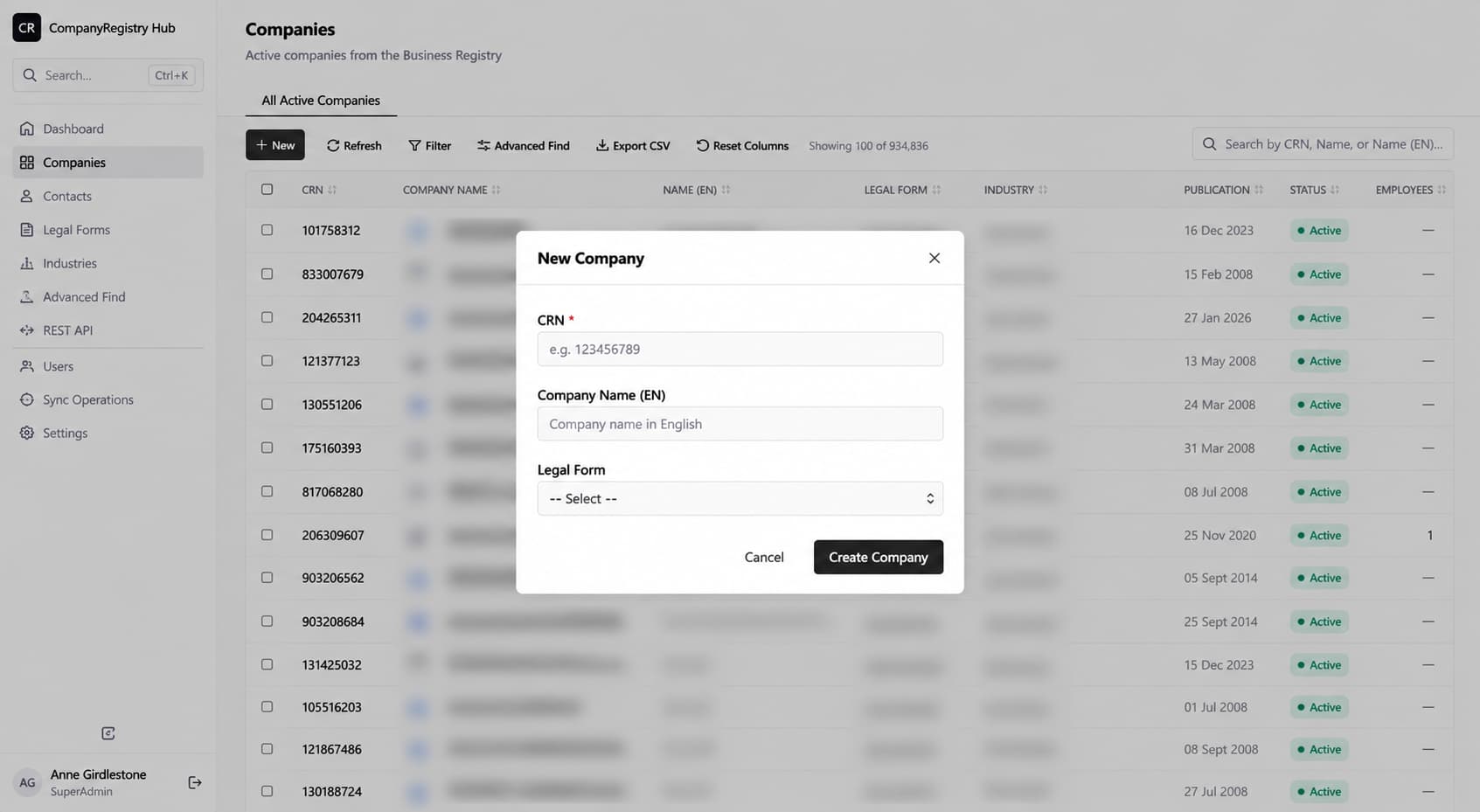 A custom web application: a company registry with a searchable list of companies and a dialog for adding a new company