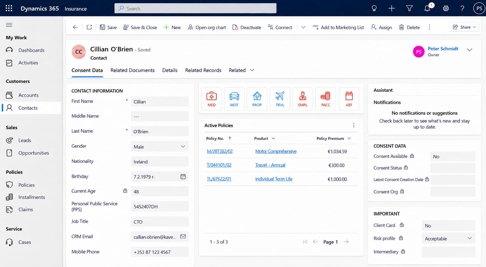 Dynamics 365 insurance solution: a customer record showing contact details, active policies and consent data