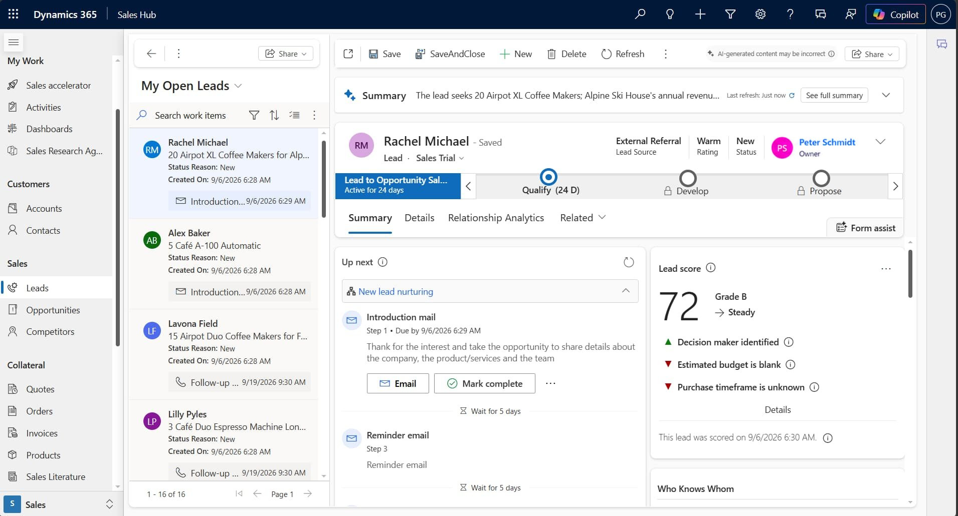 Dynamics 365 Sales Hub: a lead record with an AI summary, next steps in the sales sequence and a lead score