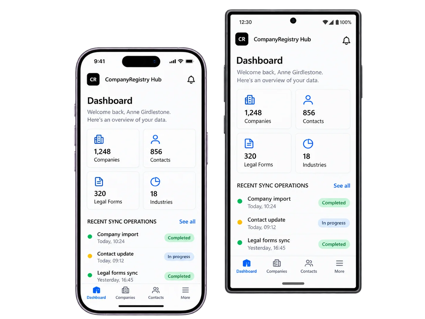 A mobile app on an iPhone and an Android phone: a dashboard with company, contact and legal form totals and a list of recent sync operations